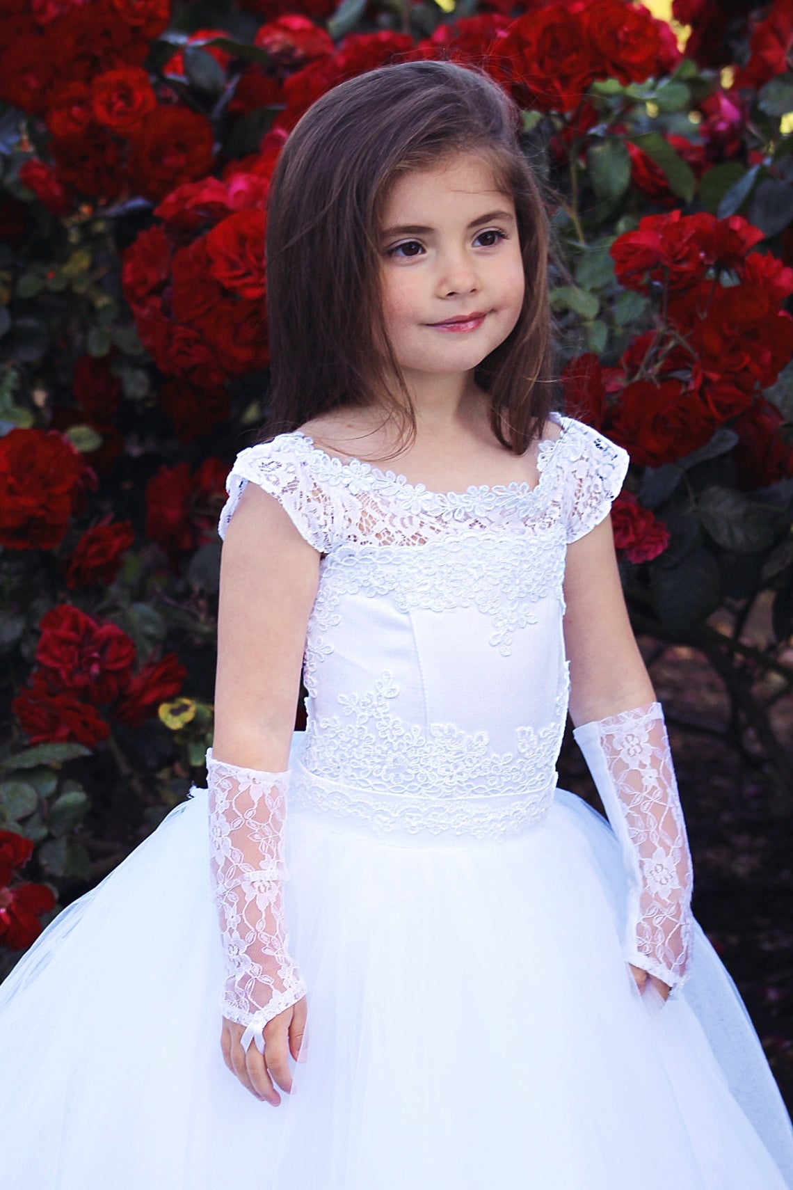 White Lace Communion Gown Flower Girl Tulle Dress Baby Baptism Gown