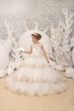 Pageant Girl Tulle Lace Wedding Flower Girl Ivory Birthday Party Long Dress