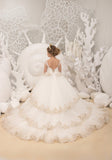 Pageant Girl Tulle Lace Wedding Flower Girl Ivory Birthday Party Long Dress