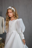 Girls Chiffon Special Occasion Communion Gown With Victorian Lace Sleeves