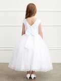 Communion Long Dress With Illusion Neckline Lace Bodice Tulle Skirt 