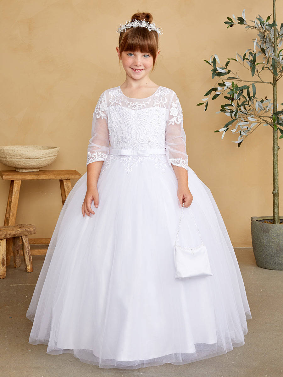 Communion Flower Girl  Dress With Tulle Lace Illusion Sweetheart Neckline