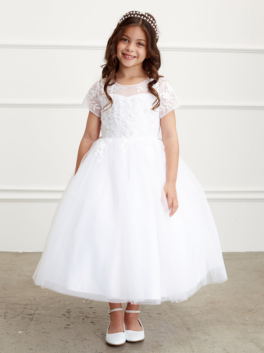 Adorable Flower Girl Communion Tea Length Dress With Floral Lace Bodice