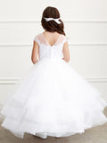 First Communion Floor Length Dress With Illusion Lace Bodice And Cap Sleeves