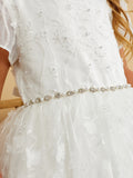 Girls Beautiful 3D Floral Beaded Pearl Lace Communion Flower Girl Dress