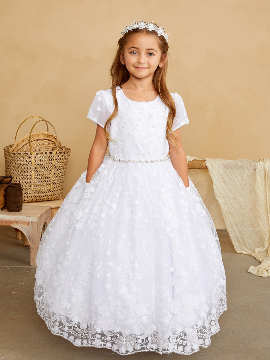Girls Beautiful 3D Floral Beaded Pearl Lace Communion Flower Girl Dress