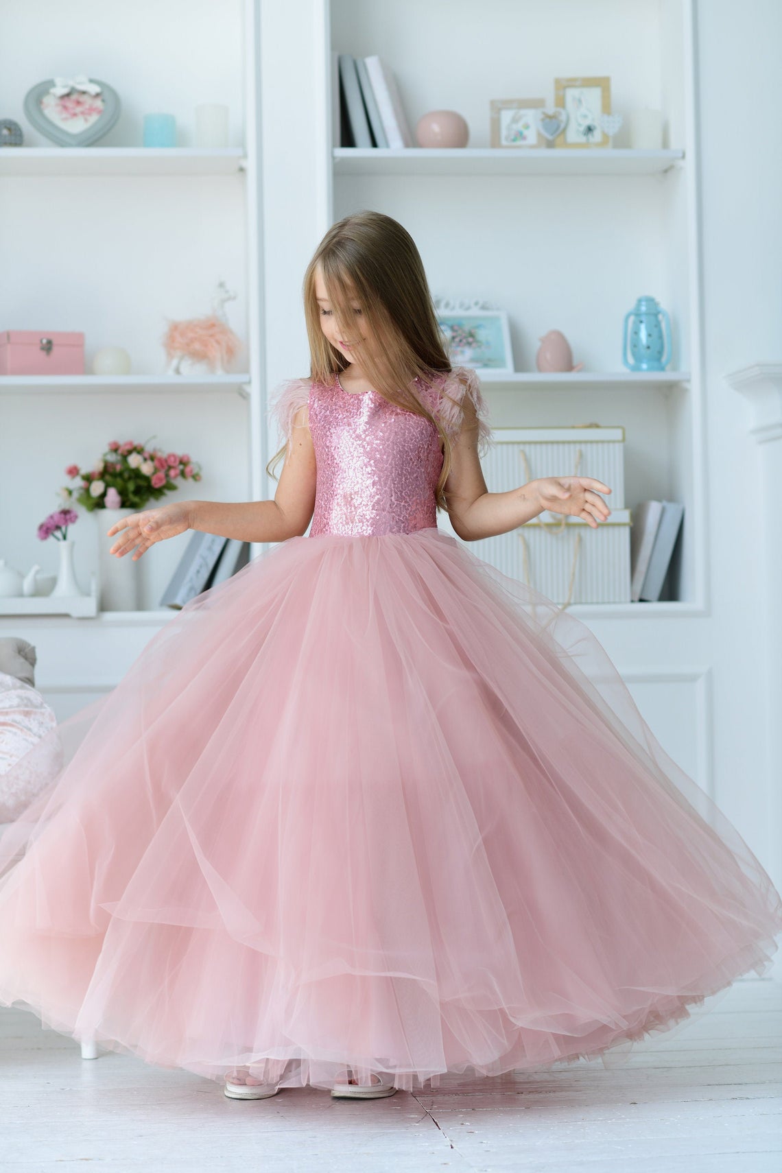 Couture Handmade Flower Girl Party Dress With Tulle And Sequins