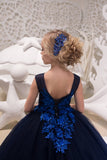 Custom Handmade Navy Blue Flower Girl Wedding Party  3D Floral Tulle Dress 