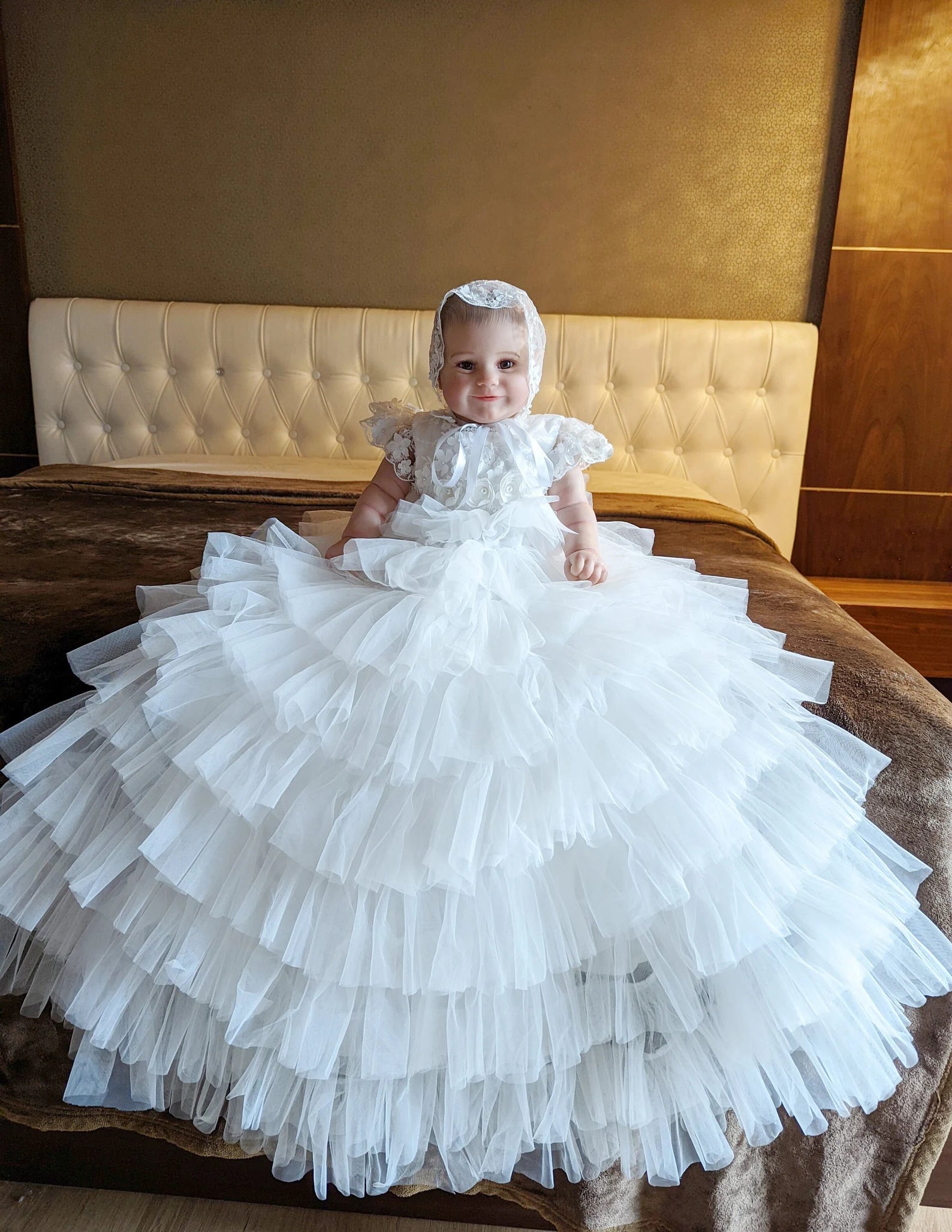 Exquisite Couture White Silk Tulle Christening Baptism Baby Gown