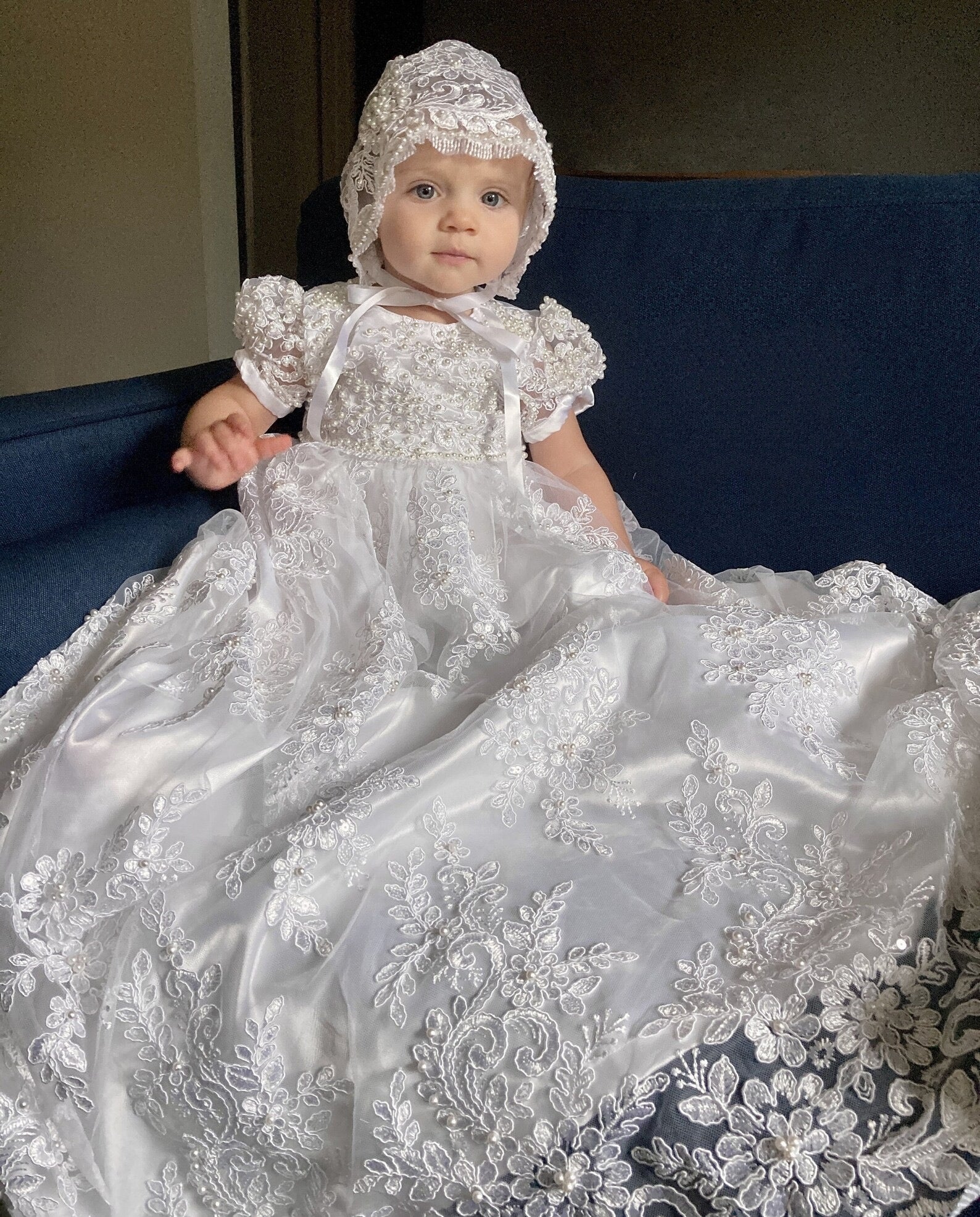 Couture Heirloom Silk Embroidered Pearl Beaded Christening Baptism Gown