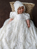 Couture Handmade Pearl Beaded Lace Christening Gown With Silk Bonnet