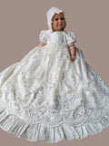 Couture Handmade Pearl Beaded Lace Christening Gown With Silk Bonnet