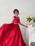 Stunning Red One Shoulder Couture Wedding Flower Girl Satin Gown