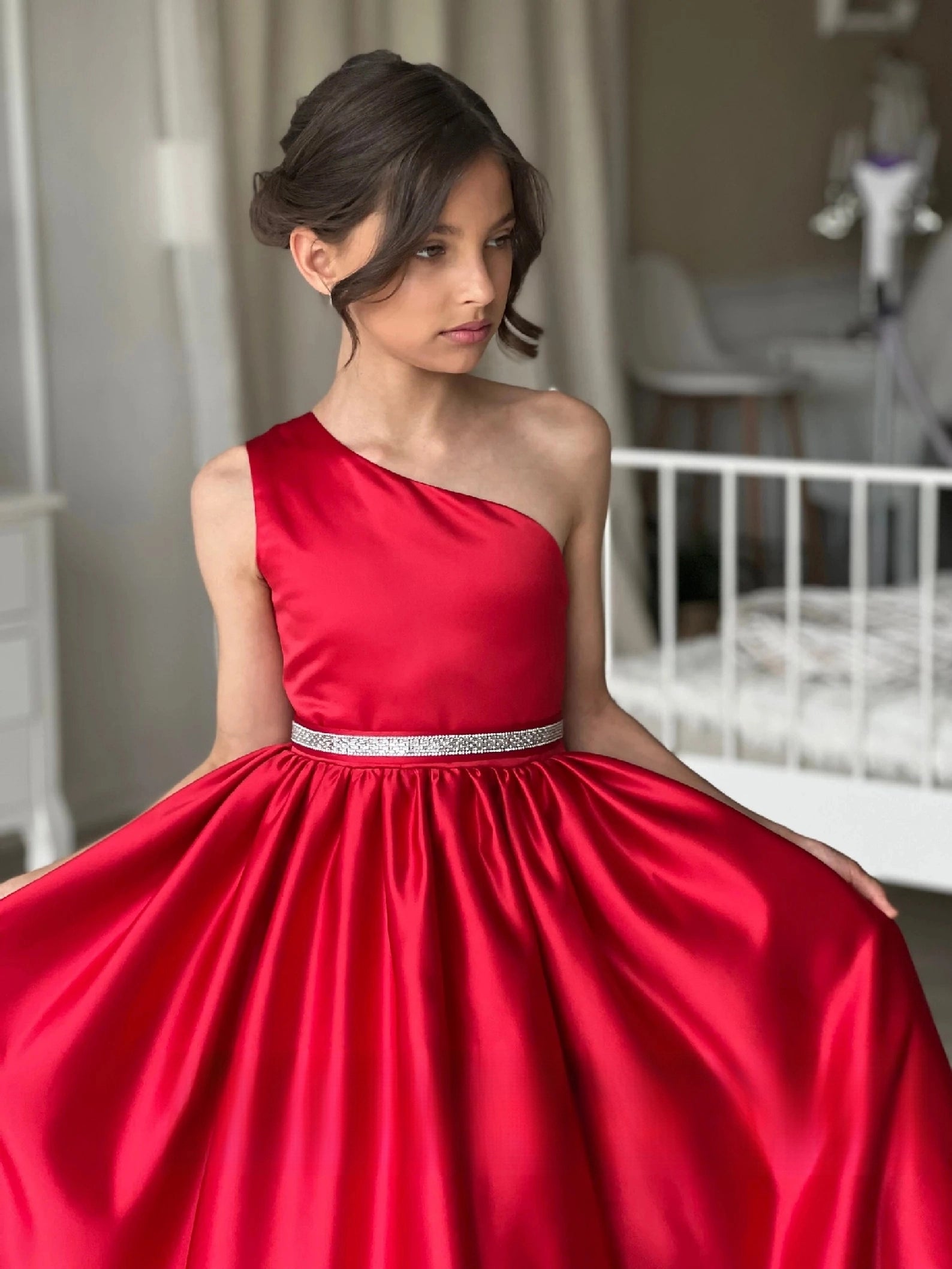 Stunning Red One Shoulder Couture Wedding Flower Girl Satin Gown