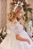 Pentelei Couture Ivory Cappuccino Luxurious Lace Communion Girls Dress