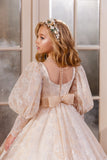 Pentelei Couture Girls Lace Pearl Accents Wedding Flower Girl Pageant Gown
